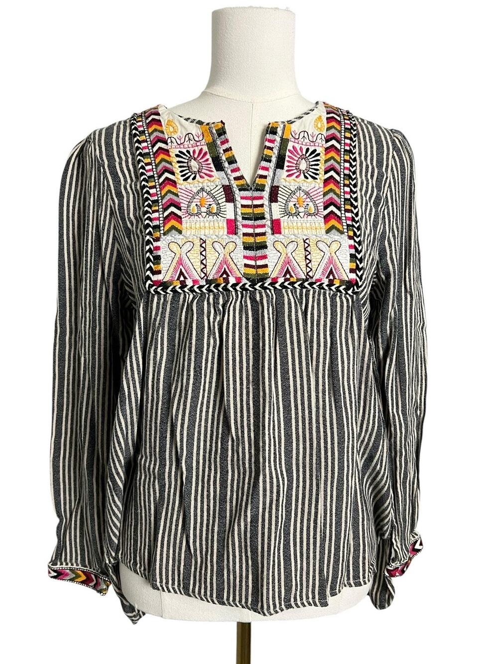 Brandon Thomas Tunic Blouse Womens Small Black Stripe Embroidered Boho Top